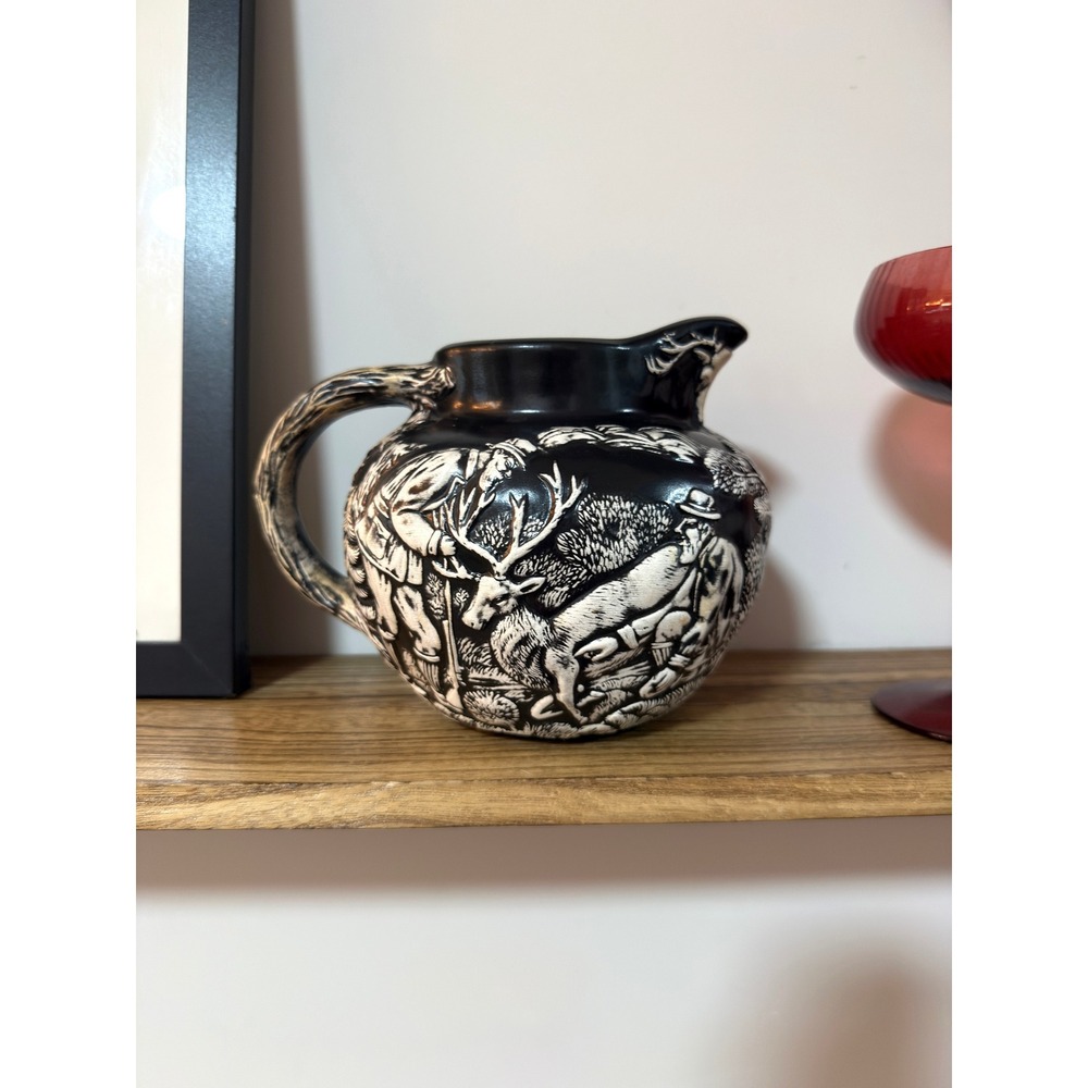 Vintage Utica Style Black White Hunting Wildlife Scene Ceramic Pitcher Signed K